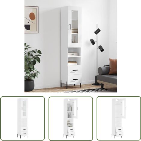 The Living Store Buffet haut Blanc 34,5x34x180 cm Bois d'ingénierie - Buffet Design Moderne - Meuble Rangement Cuisine - Armoire Blanche - Buffet Haut - Mobilier Salon