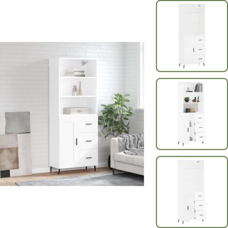 The Living Store Buffet haut Blanc 69,5x34x180 cm Bois d'ingénierie - Buffet Design Moderne - Meuble Rangement Cuisine - Armoire Blanche - Buffet Bas Prix - Commode  Meuble Salon