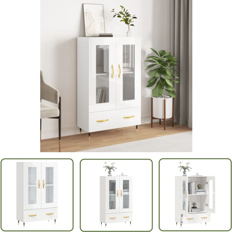 The Living Store - Buffet haut blanc brillant 69,5x31x115 cm bois d'ingénierie - Buffet Design Moderne - Meuble Rangement - Armoire Blanche - Buffet