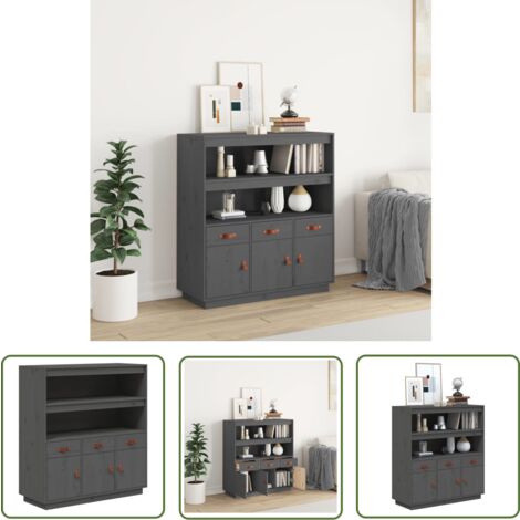 The Living Store Buffet haut Gris 100x40x108,5 cm Bois massif de pin - Buffet Design - Meuble Rangement - Buffet Bois - Buffet Moderne - Buffet Gris
