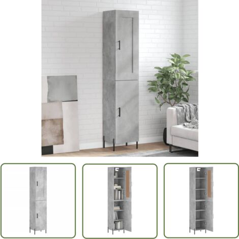The Living Store Buffet haut Gris béton 34,5x34x180 cm Bois d'ingénierie - Buffet Design - Meuble De Rangement - Armoire Élégante - Mobilier Gris - Buffet Moderne
