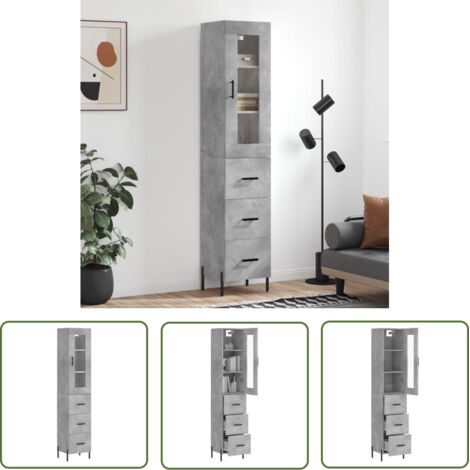 The Living Store Buffet haut Gris béton 34,5x34x180 cm Bois d'ingénierie - Buffet Design - Meuble Rangement - Armoire Cuisine - Buffet Gris - Mobilier Salon