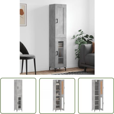The Living Store Buffet haut Gris béton 34,5x34x180 cm Bois d'ingénierie - Buffet Design - Meuble Rangement - Buffet Gris - Buffet Moderne - Buffet Industriel
