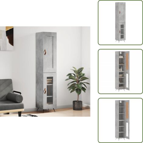 The Living Store Buffet haut Gris béton 34,5x34x180 cm Bois d'ingénierie - Buffet Design - Meuble Rangement - Buffet Gris - Buffet Moderne - Buffet Industriel