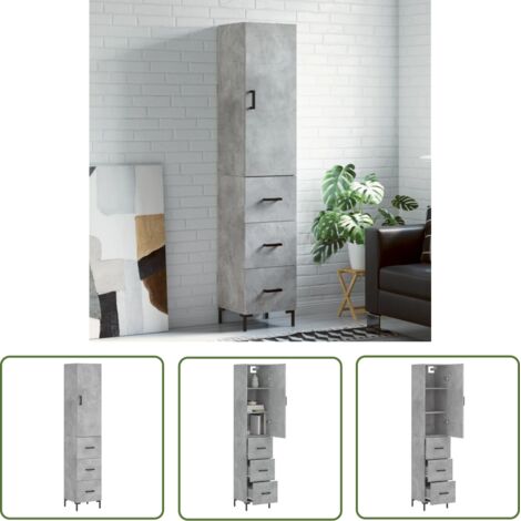 The Living Store Buffet haut Gris béton 34,5x34x180 cm Bois d'ingénierie - Buffet Design Moderne - Meuble De Rangement - Armoire Gris - Buffet Haute Capacité - Meuble Salon