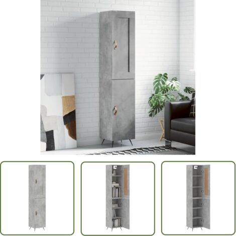The Living Store Buffet haut Gris béton 34,5x34x180 cm Bois d'ingénierie - Buffet Design Moderne - Meuble Rangement Gris - Armoire Cuisine - Buffet Bas - Buffet Haut