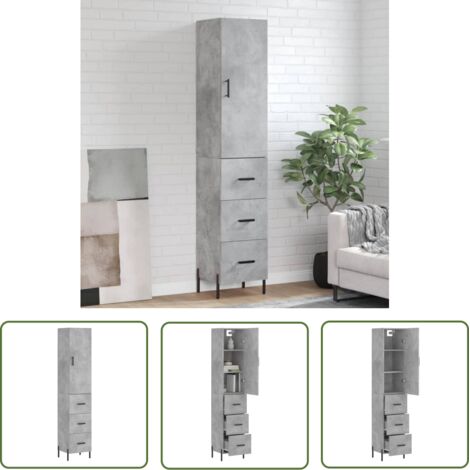 The Living Store Buffet haut Gris béton 34,5x34x180 cm Bois d'ingénierie - Buffet Design Moderne - Meuble Rangement Gris - Armoire Cuisine - Buffet Bas Prix - Buffet Industriel