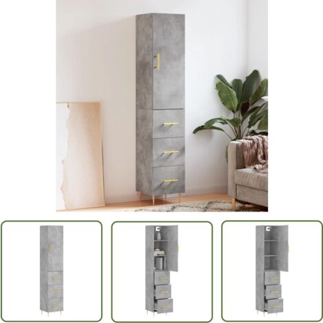 The Living Store Buffet haut Gris béton 34,5x34x180 cm Bois d'ingénierie - Buffet Design Moderne - Meuble Rangement Gris - Armoire Cuisine - Buffet Bas Prix - Commode Salon
