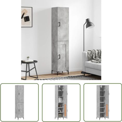 The Living Store Buffet haut Gris béton 34,5x34x180 cm Bois d'ingénierie - Buffet Design Moderne - Meuble Rangement Gris - Armoire Cuisine - Buffet Haute Capacité - Buffet Salon