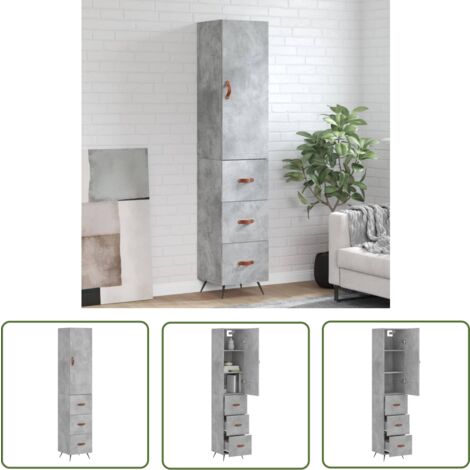 The Living Store Buffet haut Gris béton 34,5x34x180 cm Bois d'ingénierie - Buffet Design Moderne - Meuble Rangement Gris - Armoire Cuisine - Buffet Haute Capacité - Mobilier Salon