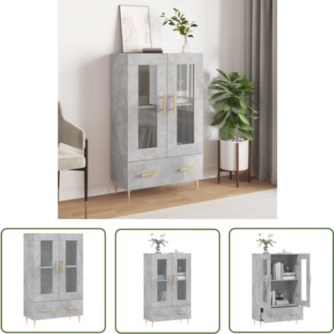 The Living Store Buffet haut gris béton 69,5x31x115 cm bois d'ingénierie - Buffet Design Moderne - Meuble Rangement - Armoire Ouverte - Vitrine Murale - Commode