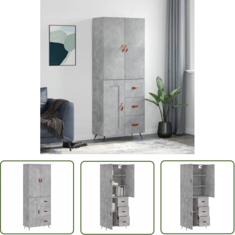 The Living Store Buffet haut Gris béton 69,5x34x180 cm Bois d'ingénierie - Buffet Design Moderne - Meuble De Rangement - Armoire Élégante - Buffet Gris - Mobilier Salon