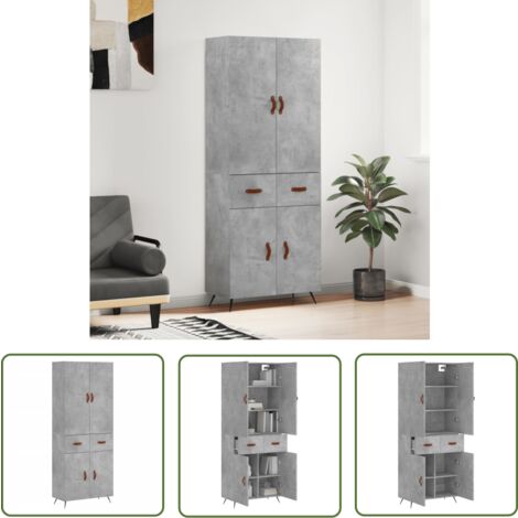 The Living Store Buffet haut Gris béton 69,5x34x180 cm Bois d'ingénierie - Buffet Design Moderne - Meuble De Rangement - Armoire Élégante - Mobilier Gris - Buffet Haut