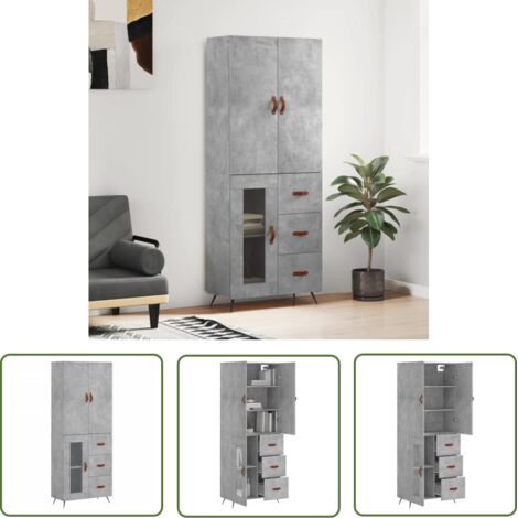 The Living Store Buffet haut Gris béton 69,5x34x180 cm Bois d'ingénierie - Buffet Design Moderne - Meuble De Rangement Gris - Armoire Élégante - Buffet Haut - Mobilier Salon