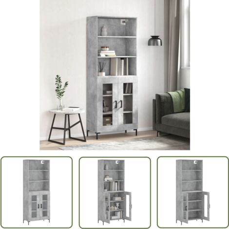 The Living Store Buffet haut Gris béton 69,5x34x180 cm Bois d'ingénierie - Buffet Design Moderne - Meuble Rangement Gris - Armoire Cuisine - Buffet Haute Capacité - Mobilier Salon