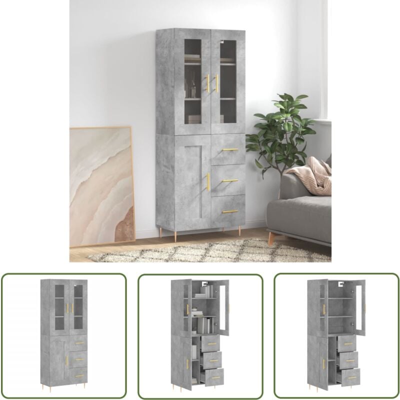 The Living Store - Buffet haut Gris béton 69,5x34x180 cm Bois d'ingénierie - Buffet Design Moderne - Meuble Rangement Gris - Armoire Élégante