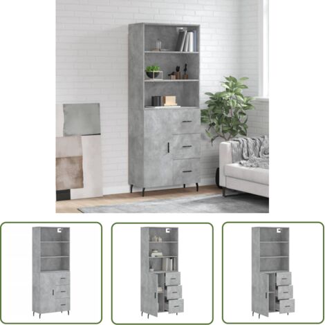The Living Store Buffet haut Gris béton 69,5x34x180 cm Bois d'ingénierie - Buffet Design Moderne - Meuble Rangement Gris - Armoire Élégante - Buffet Haute Qualité - Mobilier Salon