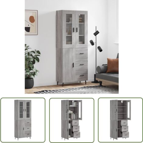The Living Store Buffet haut Sonoma gris 69,5x34x180 cm Bois d'ingénierie - Buffet Design Moderne - Meuble Rangement Cuisine - Armoire Haute - Buffet Gris - Buffet Salon