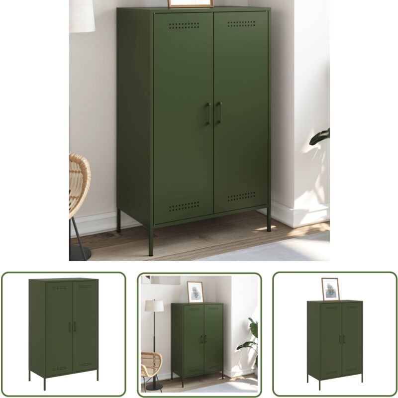 The Living Store - Buffet haut vert olive 68x39x113 cm acier - Buffet Design Industriel - Meuble Rangement Vertical - Armoire Ouverte - Étagères