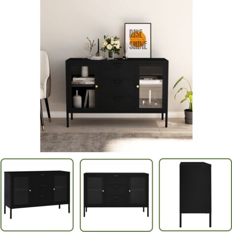 The Living Store Buffet Noir 105x35x70 cm Acier et verre trempé - Buffet Noir - Meuble Rangement - Buffet Moderne - Buffet Industriel - Meuble Salon