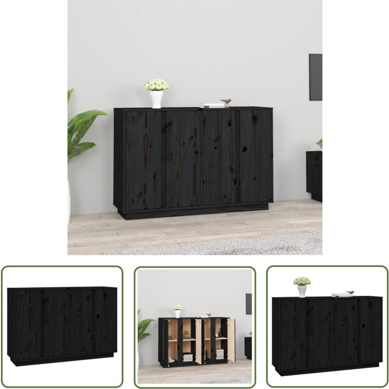 Buffet Noir 120x35x80 cm Bois massif de pin - Buffet Noir - Meuble Rangement - Armoire Cuisine - Mobilier Salon - Bois Massif - The Living Store