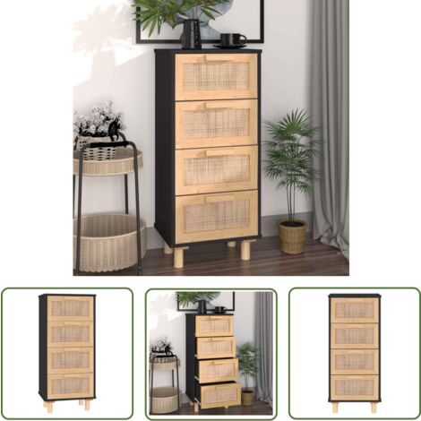 The Living Store Buffet Noir 40x30x90 cm Bois de pin massif et rotin naturel - Buffet Noir - Meuble Rangement - Commode - Mobilier Salon - Décoration Intérieure