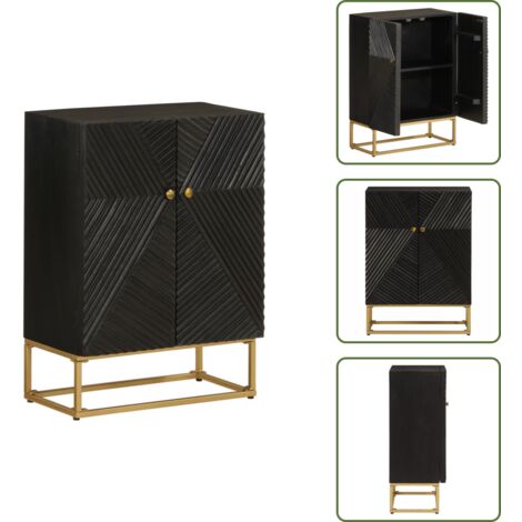 The Living Store Buffet noir 55x30x76 cm bois massif de manguier et fer - Buffet Noir - Meuble Rangement - Commode - Bois Massif - Manguier