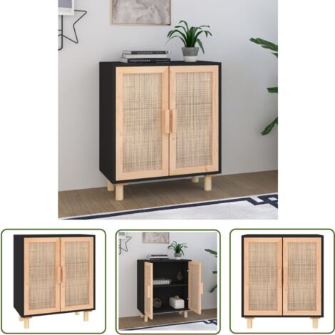 The Living Store Buffet Noir 60x30x70 cm Bois de pin massif et rotin naturel - Buffet Noir - Meuble Rangement - Commode - Mobilier Salon - Décoration Intérieure