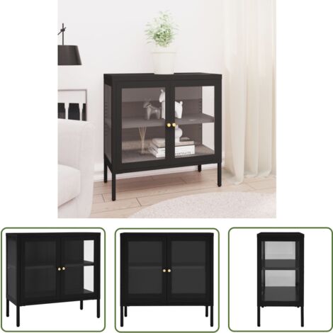 The Living Store Buffet Noir 70x35x70 cm Acier et verre - Buffet Noir - Meuble Rangement - Armoire Laterale - Vitrine - Meubles Salon