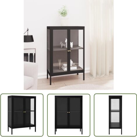 The Living Store Buffet Noir 75x35x105 cm Acier et verre - Buffet Noir - Meuble Rangement - Armoire Laterale - Vitrine - Mobilier Salon