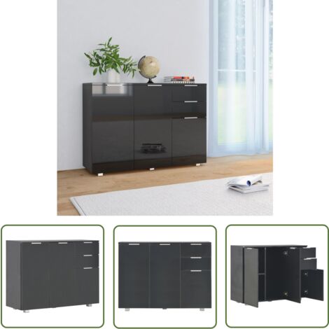The Living Store Buffet Noir brillant 107x35x80,5 cm - Buffet Noir - Meuble Rangement - Armoire Cuisine - Commode - Mobilier Intérieur