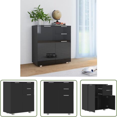 The Living Store Buffet Noir brillant 71x35x80 cm Bois d'ingénierie - Buffet Noir - Meuble Rangement - Armoire Rangement - Commode Moderne - Mobilier Chambre
