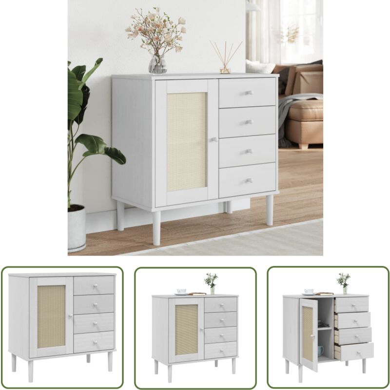 Buffet senja aspect rotin blanc 80x40x80 cm bois massif de pin - Buffet - Meuble De Rangement - Commode - Mobilier - Design Moderne - The Living Store