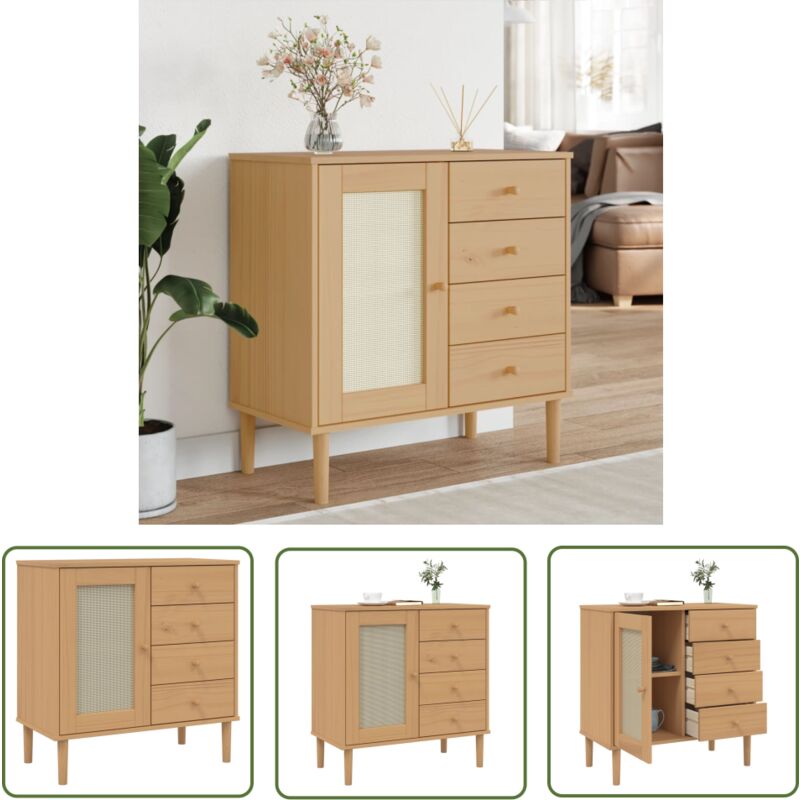 The Living Store Buffet SENJA aspect rotin marron 80x40x80 cm bois massif de pin - Buffet Design Moderne - Meuble Rangement - Commode Bois - Armoire