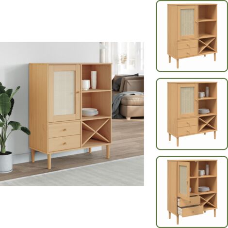 The Living Store Buffet SENJA aspect rotin marron 90x40x112cm bois massif de pin - Meuble Haut - Buffet - Commode - Rangement - Bois Massif