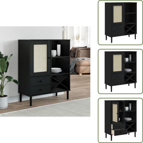 The Living Store Buffet SENJA aspect rotin noir 90x40x112cm bois massif de pin - Meuble Haut - Buffet - Commode - Rangement - Bois Massif