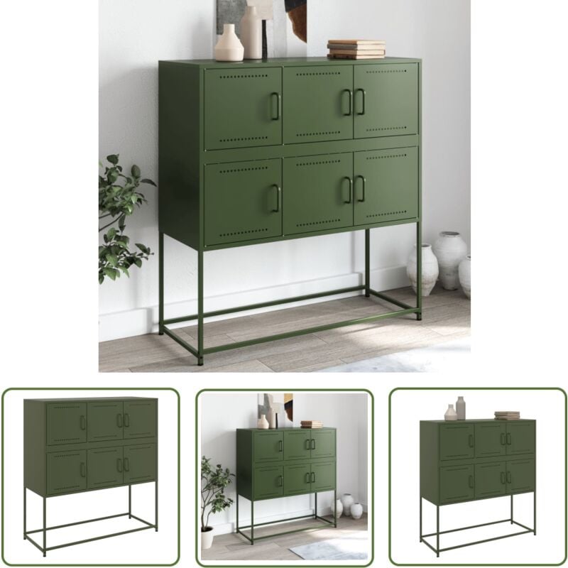 The Living Store Buffet vert olive 100,5x39x107 cm acier - Buffet Design - Meuble Rangement - Armoire Entrée - Buffet Acier - Mobilier Salon