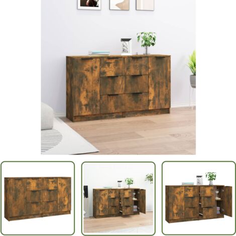 The Living Store Buffets 2 pcs Chêne fumé 60x30x70 cm Bois d'ingénierie - Buffet - Meuble De Rangement - Commode - Mobilier Moderne - Design Scandinave