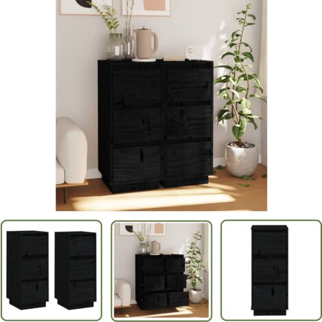 The Living Store Buffets 2 pcs Noir 32x34x75 cm Bois massif de pin - Buffet Noir - Meuble Rangement - Bibliothèque - Commode - Mobilier Chambre