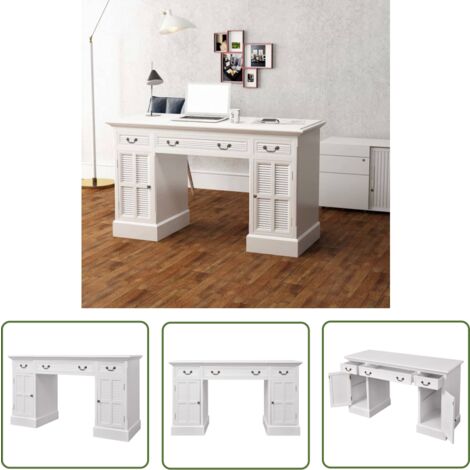 The Living Store Bureau à double piédestal Blanc 140 x 48 x 80 cm - Bureau - Meuble De Bureau - Bureau Design - Bureau Moderne - Bureau Blanc