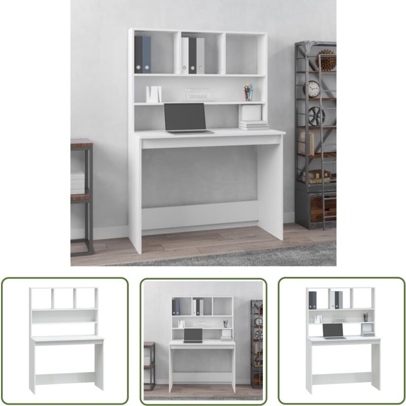 The Living Store - Bureau avec étagères Blanc 102x45x148 cm Bois d'ingénierie - Bureau En Bois - Bureau Simple - Bureau D'étude - Meuble De Bureau