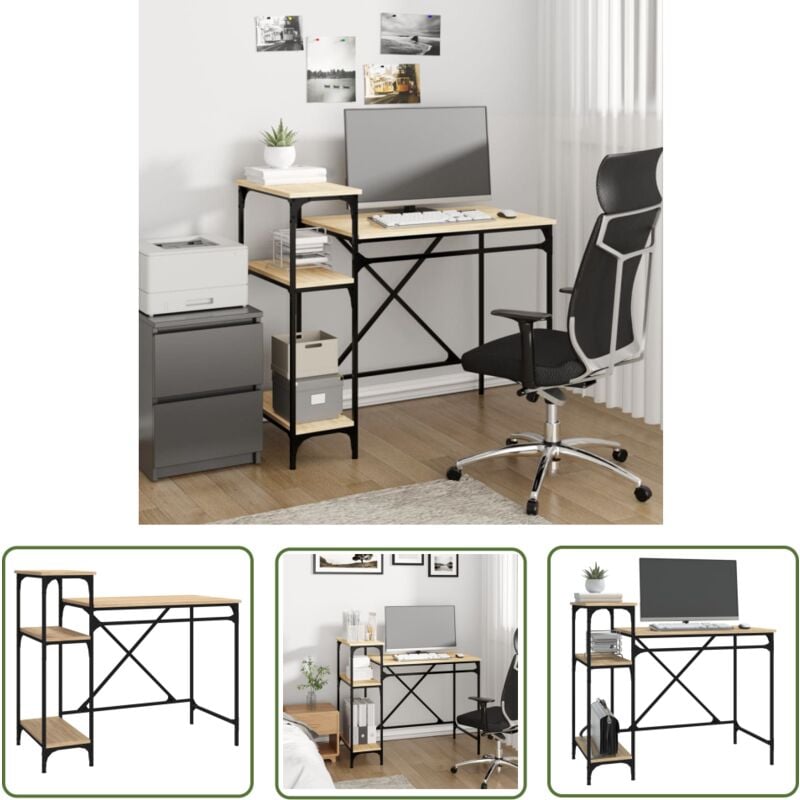 The Living Store - Bureau avec étagères chêne 105x50x90cm bois d'ingénierie et fer - Bureau Industriel - Bureau Chêne - Meuble De Bureau - Bureau