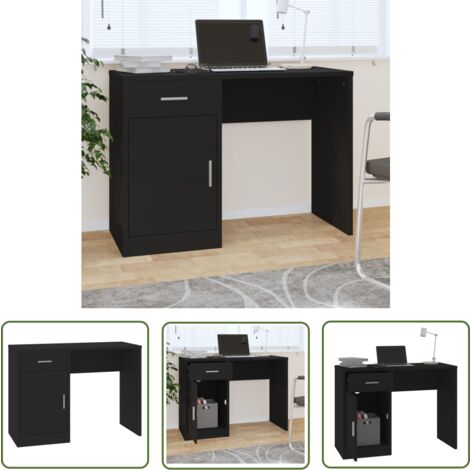The Living Store Bureau avec tiroir et armoire Noir 100x40x73 cm Bois ingénierie - Bureau Ordinateur - Bureau Design - Meuble De Bureau - Bureau Moderne - Bureau Noir