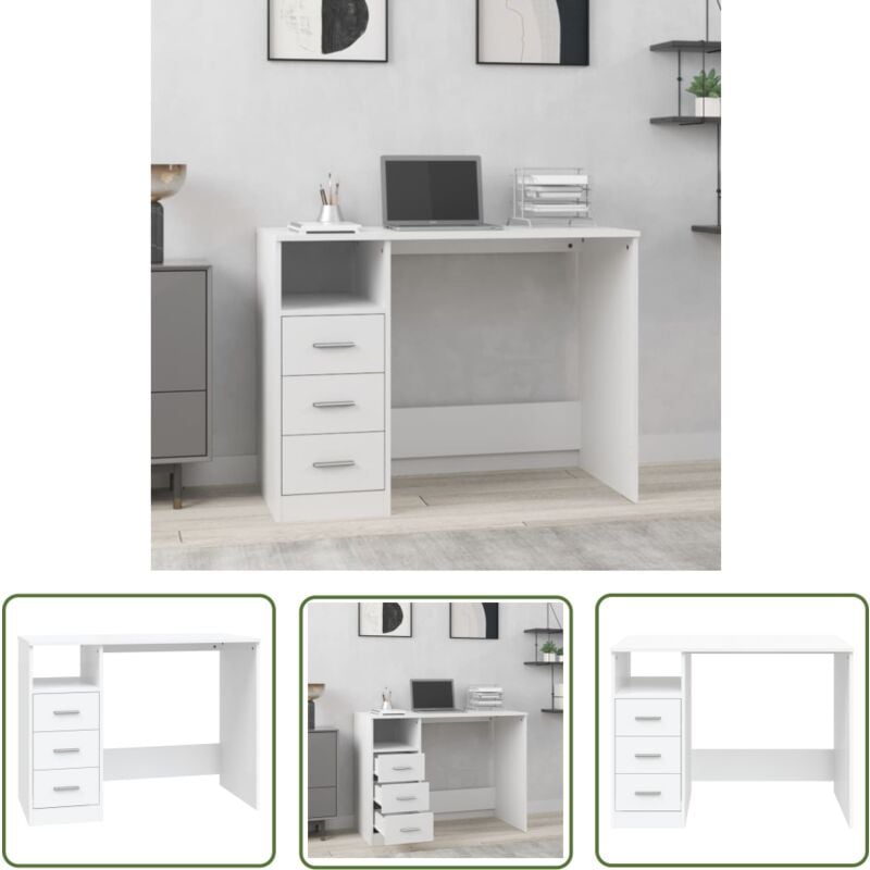 The Living Store Bureau avec tiroirs Blanc 102x50x76 cm Bois d'ingénierie - Bureau En Bois - Bureau Design - Bureau Blanc - Bureau Informatique