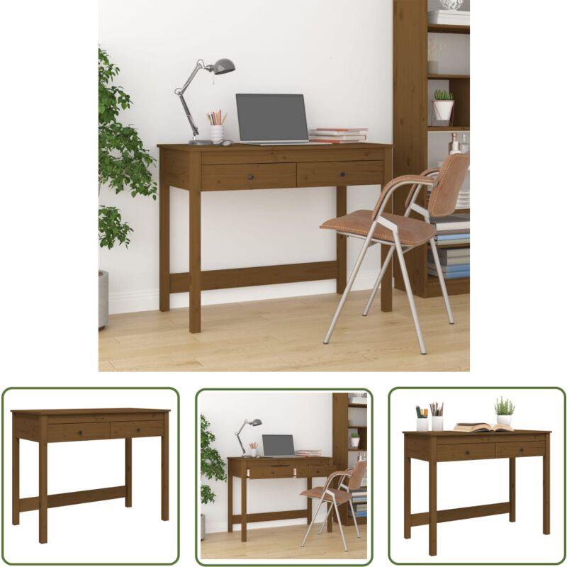 The Living Store Bureau avec tiroirs Marron miel 100x50x78 cm Bois massif de pin - Bureau En Bois - Bureau Design - Bureau Moderne - Bureau