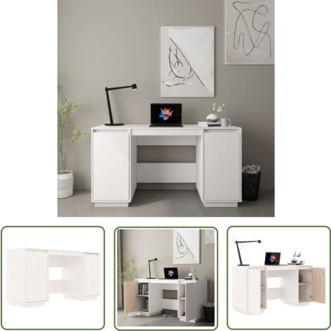 The Living Store Bureau blanc 140x50x75 cm bois massif de pin - Bureau En Bois - Bureau Blanc - Bureau Design - Bureau Moderne - Meuble De Bureau