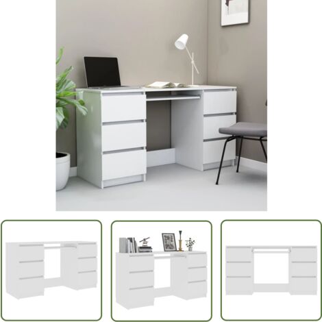 The Living Store Bureau Blanc 140x50x77 cm Bois d'ingénierie - Bureau Blanc - Bureau Informatique - Meuble De Bureau - Bureau Design - Bureau Compact