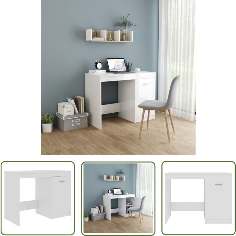 The Living Store - Bureau Blanc brillant 100x50x76 cm Bois d'ingénierie - Bureau Blanc - Bureau Design - Bureau Moderne - Bureau Informatique