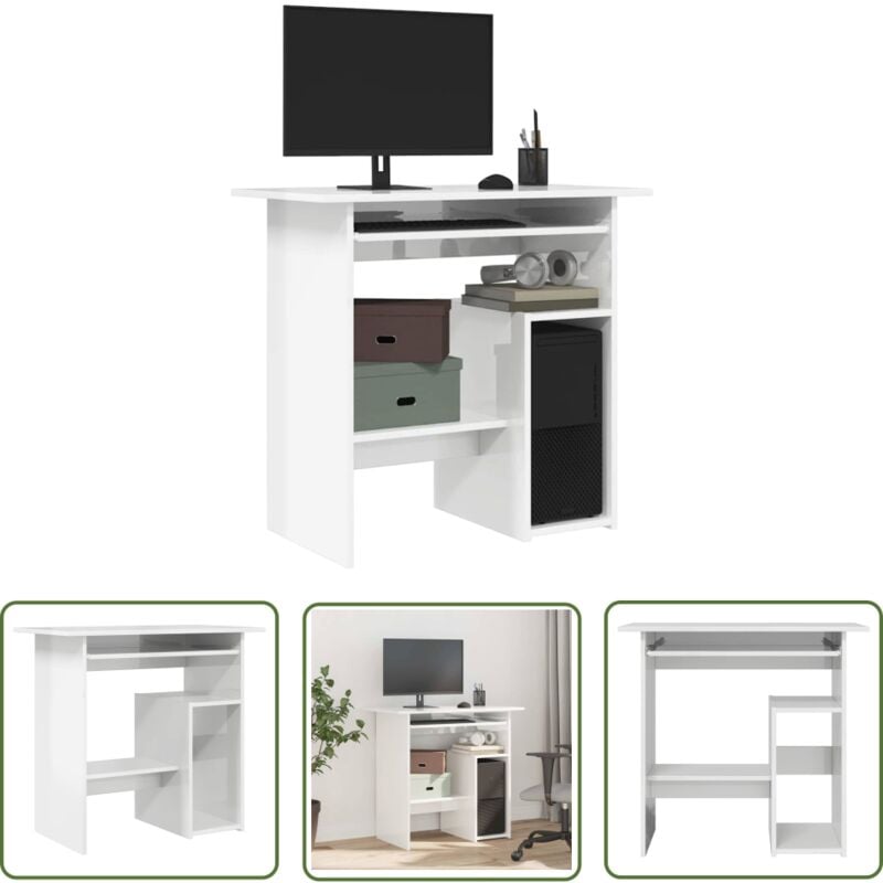 The Living Store Bureau Blanc brillant 80x45x74 cm Bois d’ingénierie - Bureau Blanc - Bureau Informatique - Bureau Design - Meuble De Bureau - Bureau