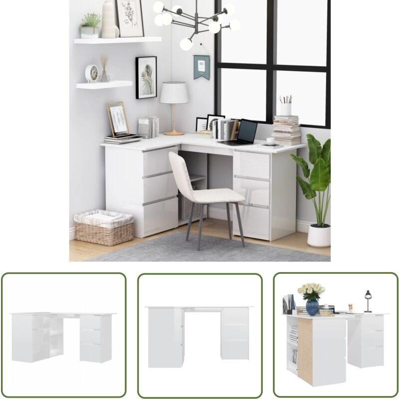 The Living Store - Bureau d'angle Blanc brillant 145x100x76 cm Bois d'ingénierie - Bureau D'angle - Bureau Informatique - Meuble De Bureau - Bureau